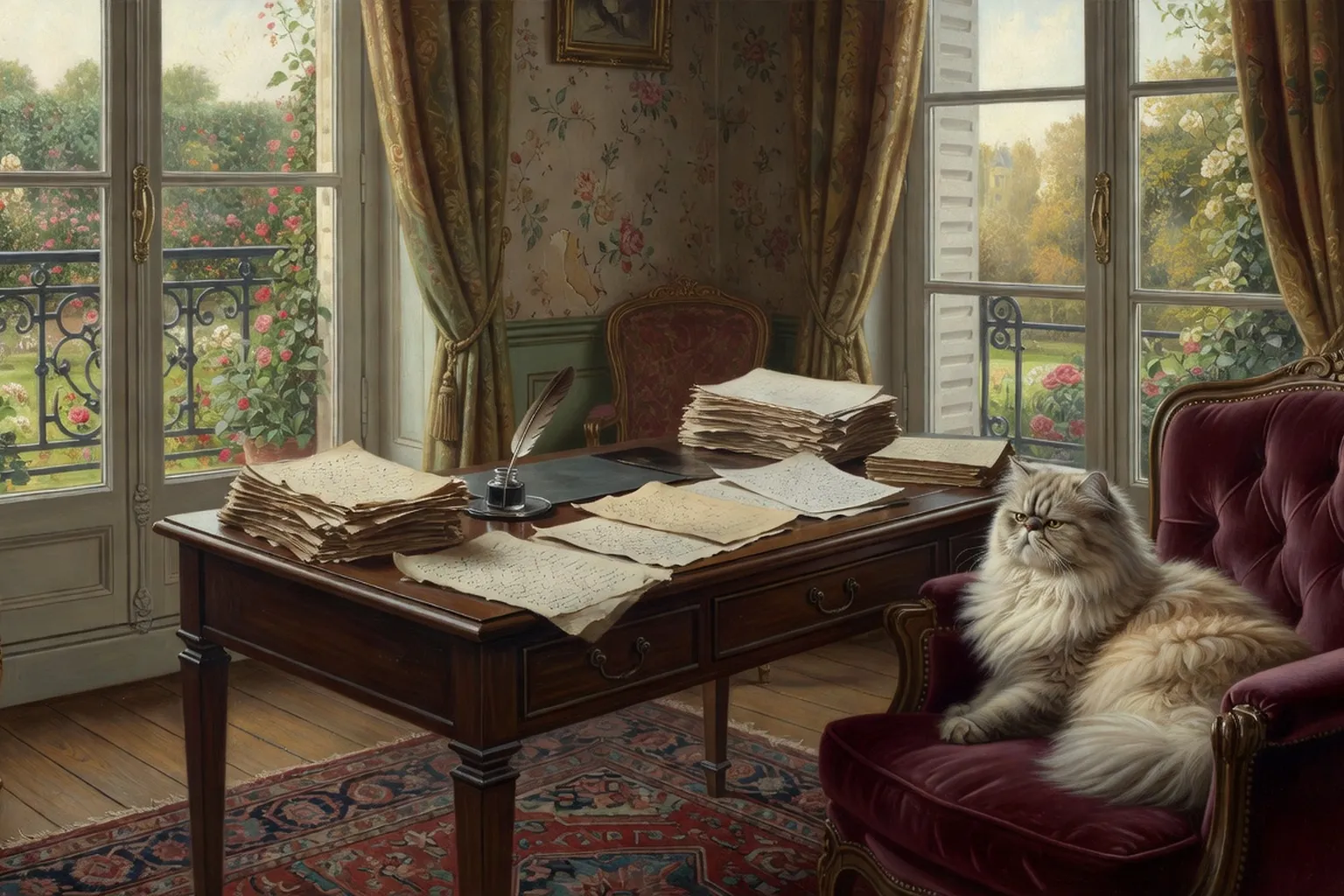 Coin d'écriture parisien du début du XXe siècle avec bureau encombré et chat sur fauteuil