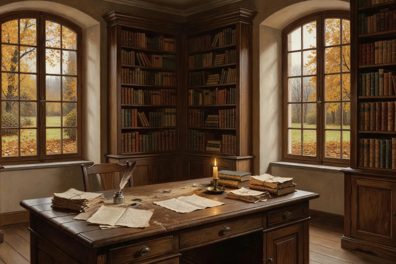 Bureau d'écrivain du XIXe siècle avec plume et manuscrits dans un manoir berrichon